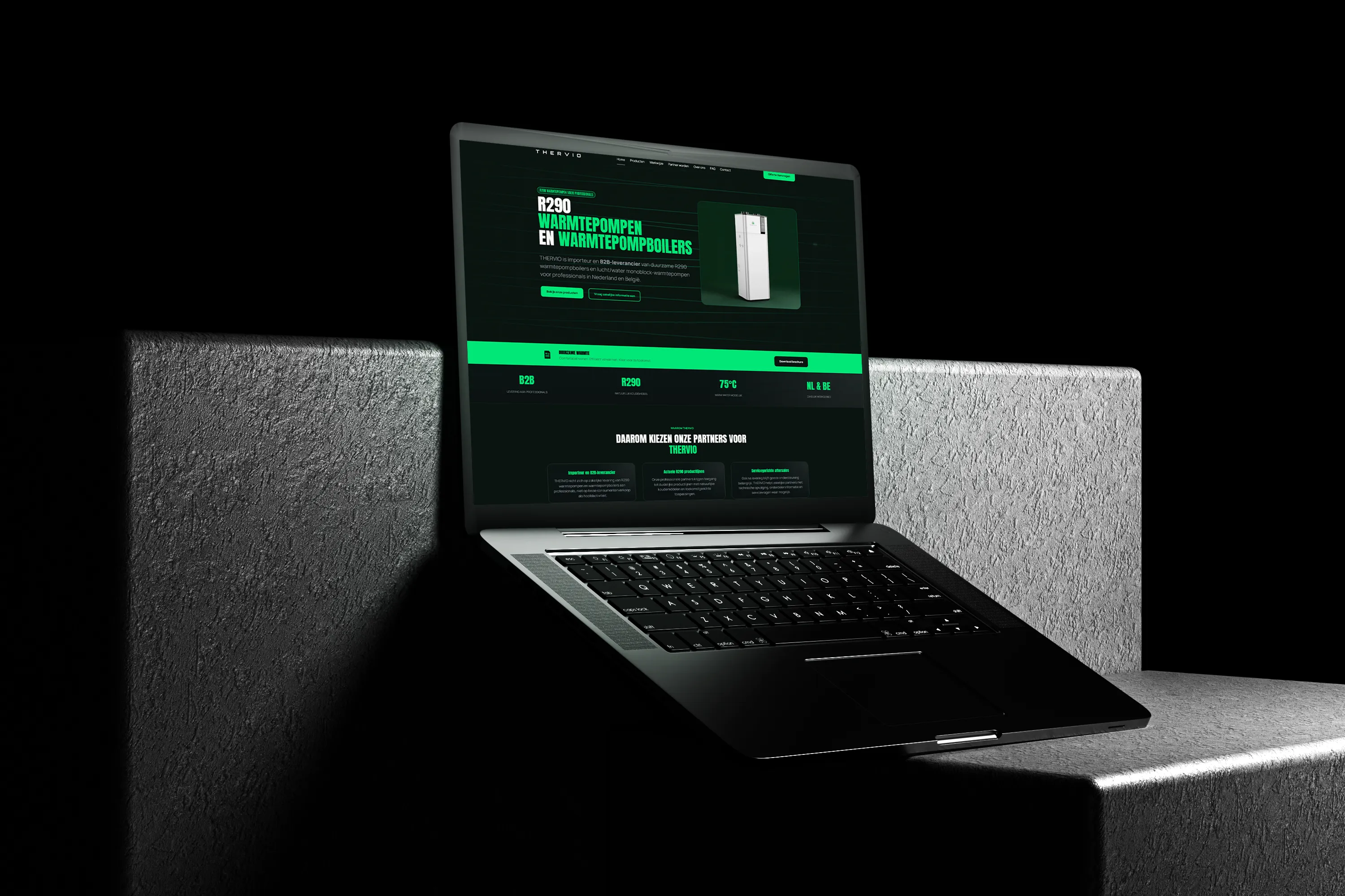 Homepage van THERVIO website met overzicht R290 warmtepompproducten