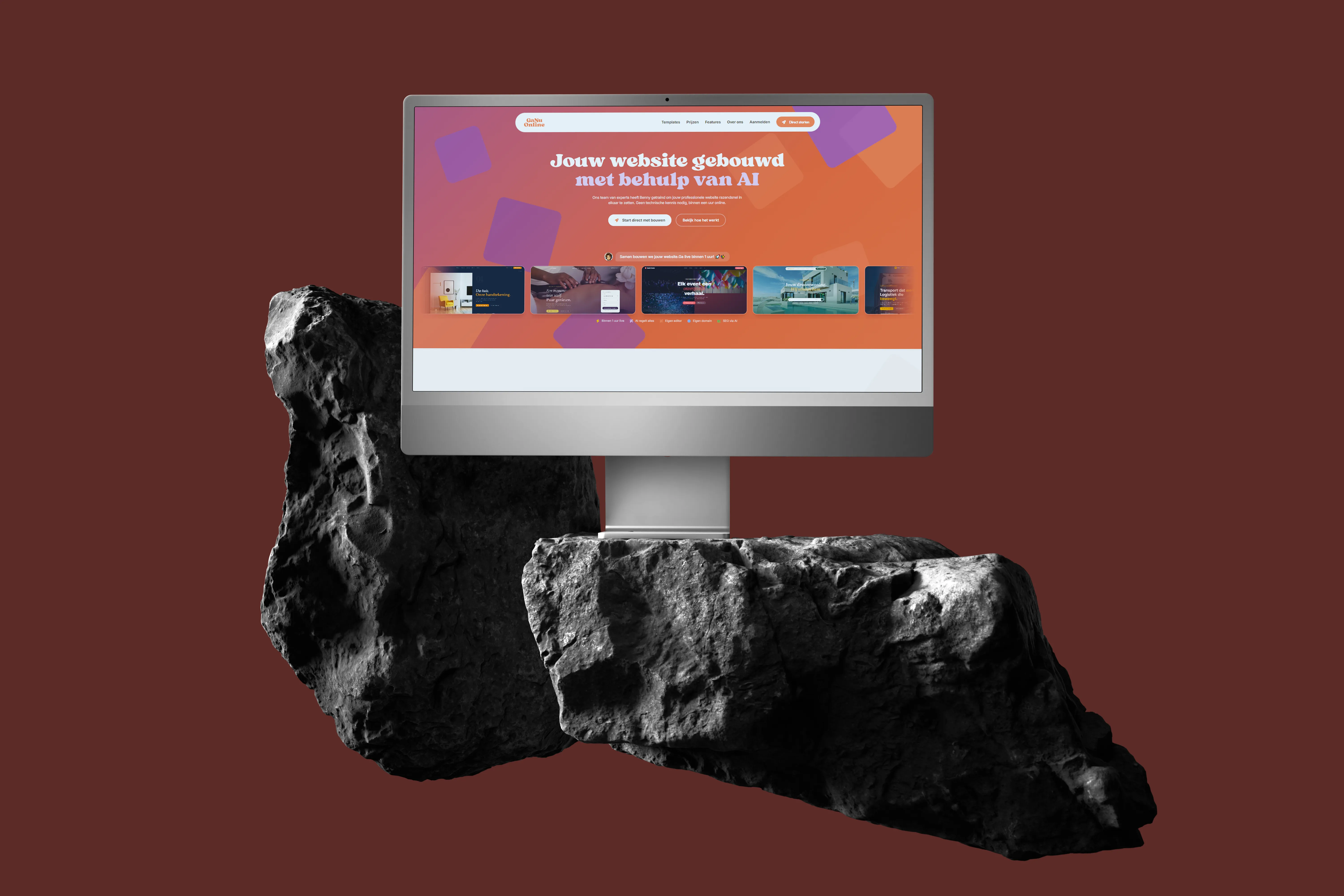 Screenshot van GaNuOnline AI websitebouwer met chatinterface en visuele editor