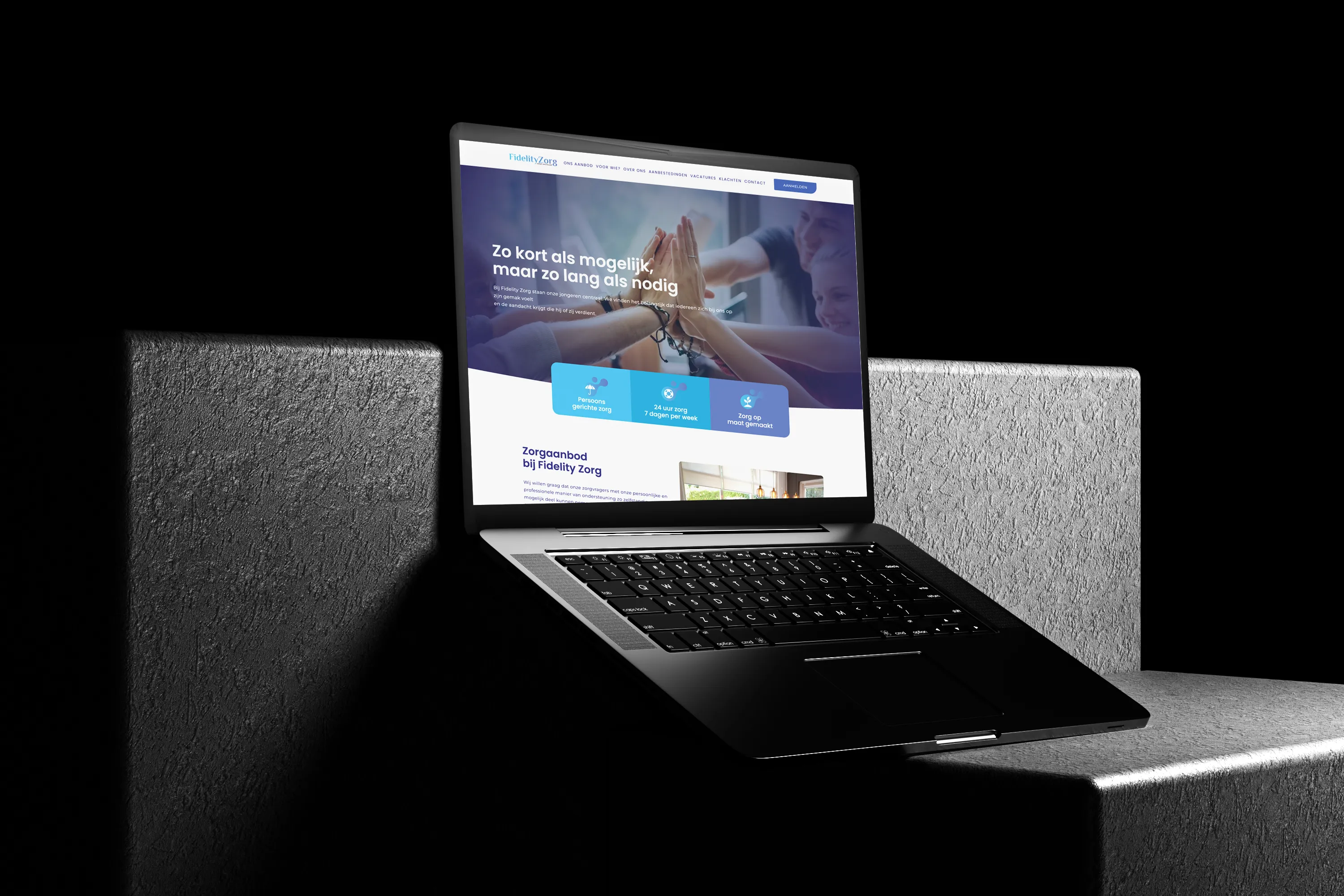 Homepage mockup van de Fidelity Zorg website met focus op persoonsgerichte zorg