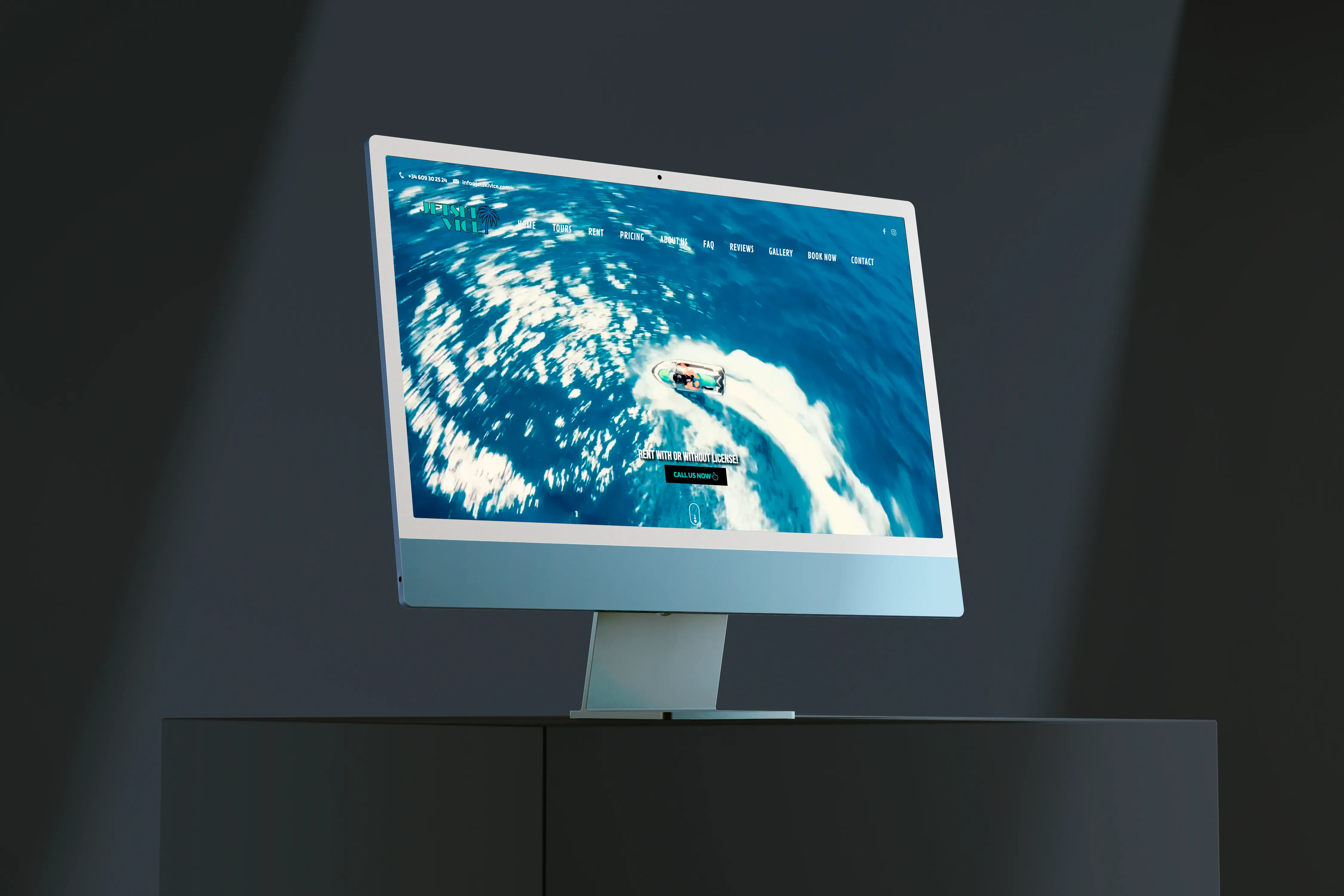 Homepage mockup van de Jetski Vice website voor jetski verhuur en watersport op Mallorca